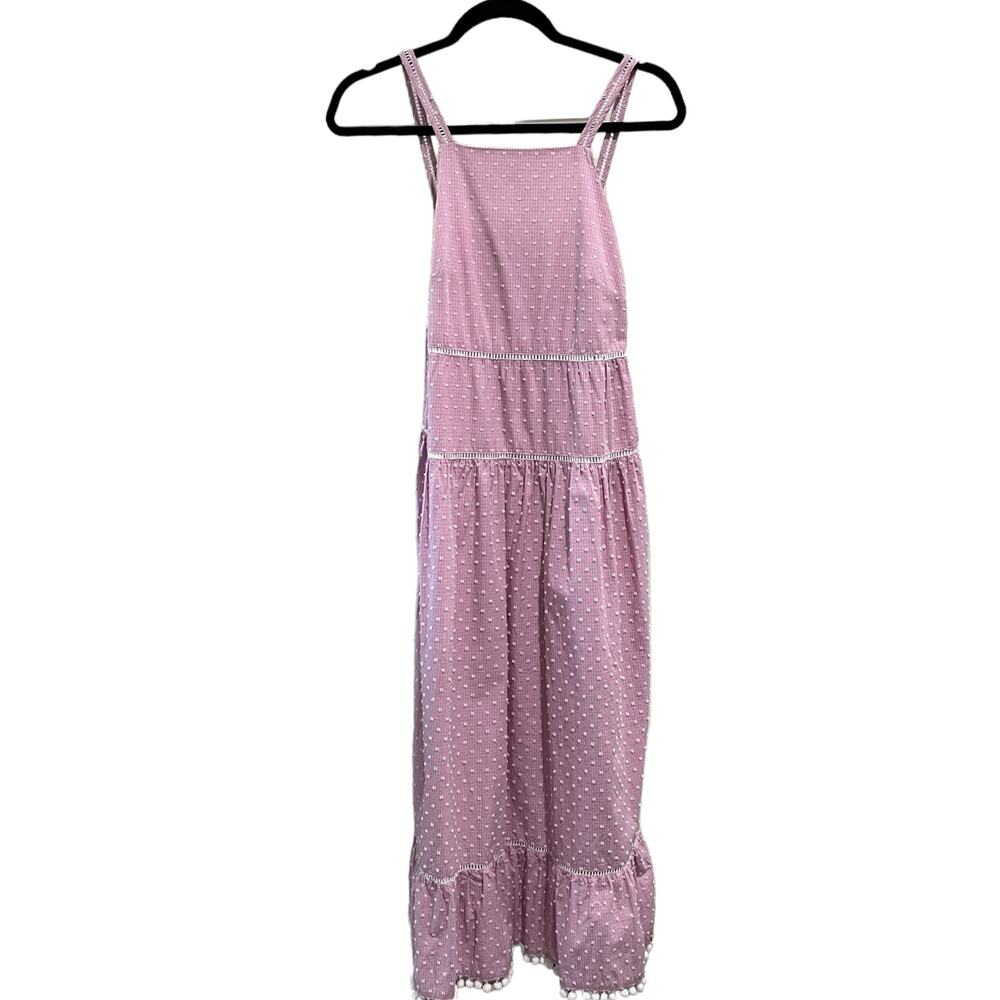 Maggy London Pink Swiss Dot Tiered Midi Pom-Pom Sundress Size 2 Coquette Cottage